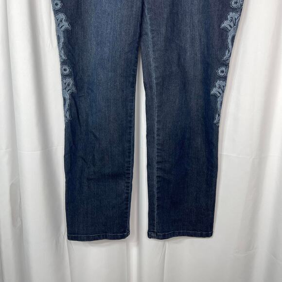 Chico's blue jeans women's 10 PLATINUM DENIM dark wash with embroidery flower - Picture 3 of 16